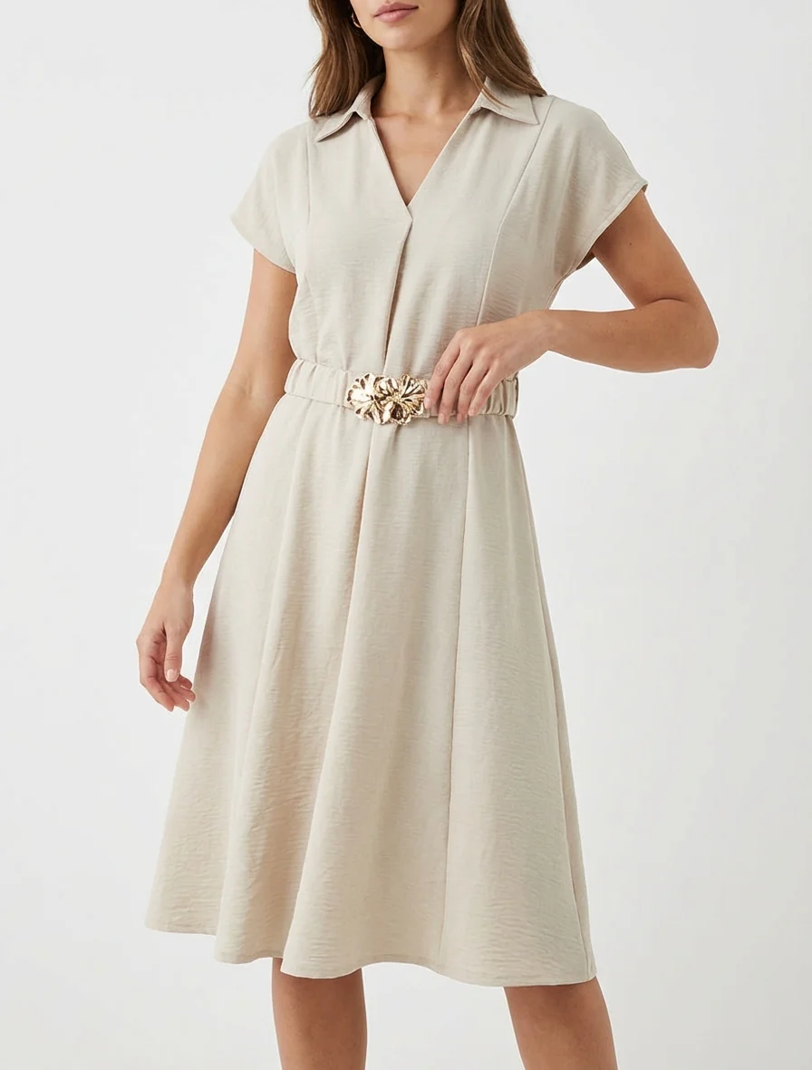 Robe fluide unie ceinturée - Beige - Image 4