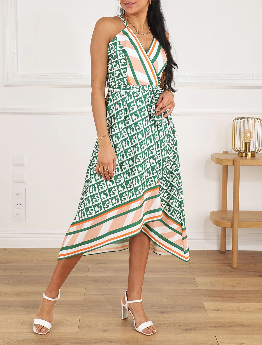 Robe foulard style portefeuille imprimé graphique - Vert - Image 4