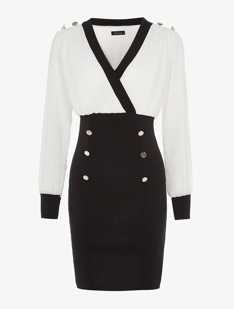 Robe fourreau à boutonnières - blanc et noir