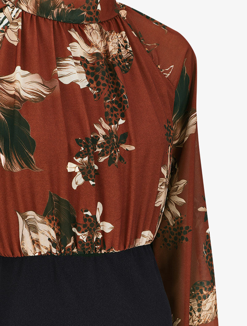 Robe fourreau à buste à imprimés et manches raglan - Marron - Image 3