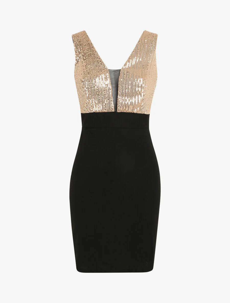 Robe fourreau à buste en sequins - Noir/or