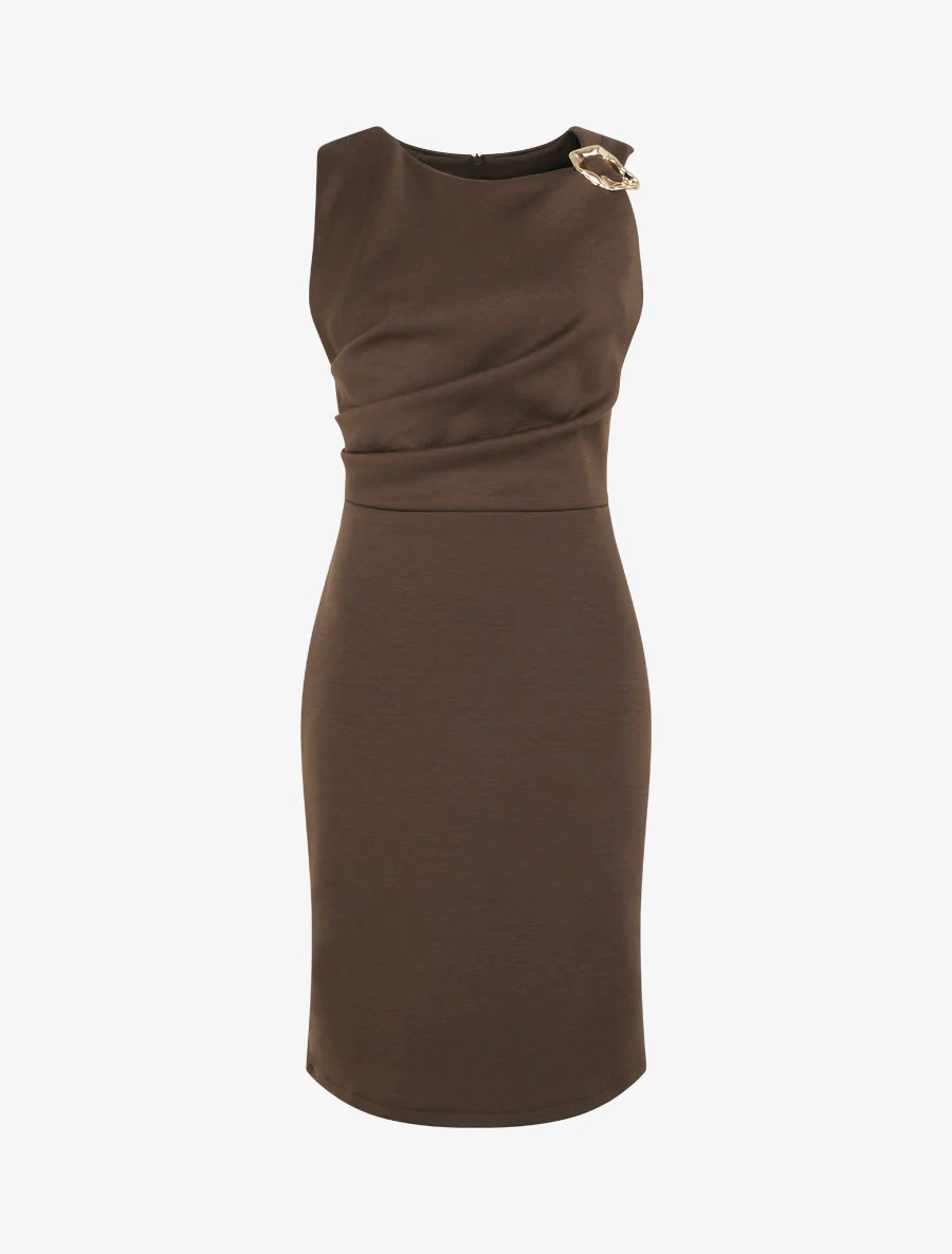 Robe fourreau à empiècement bijou - Marron