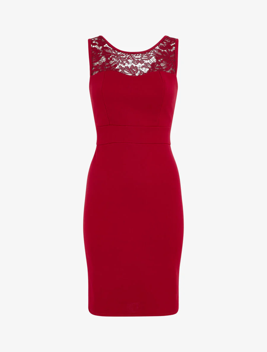 Robe fourreau et dentelle - Rouge - Image 2