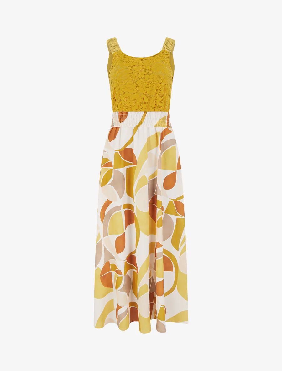 Robe imprimé abstrait à bretelles en crochet - Jaune moutarde