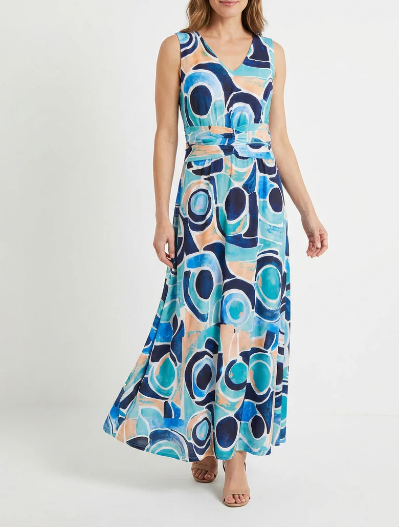 Robe imprimé abstrait à taille élastiquée - Marine - Image 4