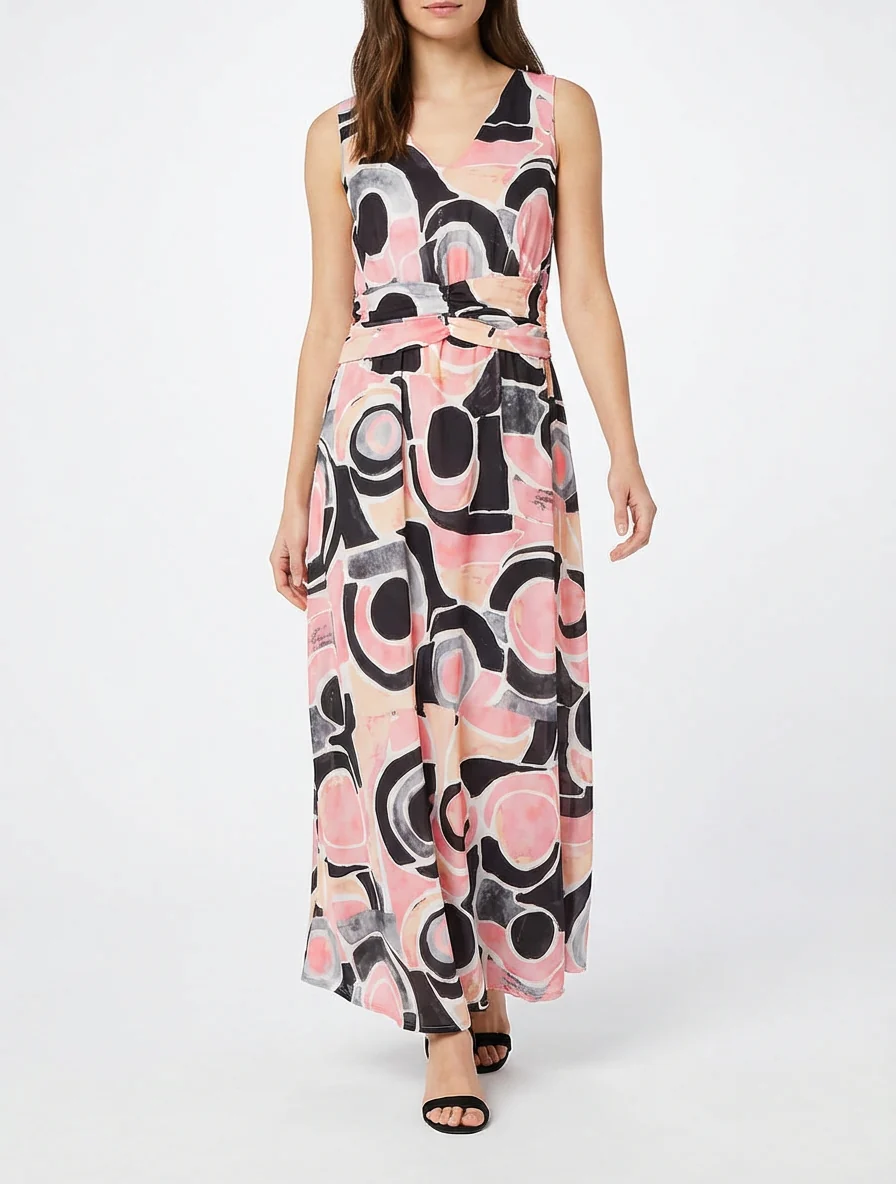 Robe imprimé abstrait à taille élastiquée - Noir - Image 4