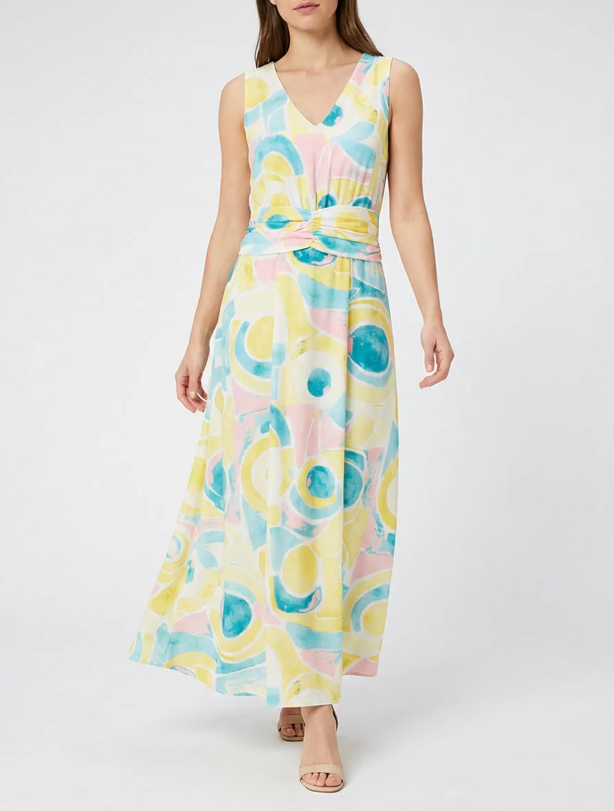Robe imprimé abstrait à taille élastiquée - Jaune - Image 4