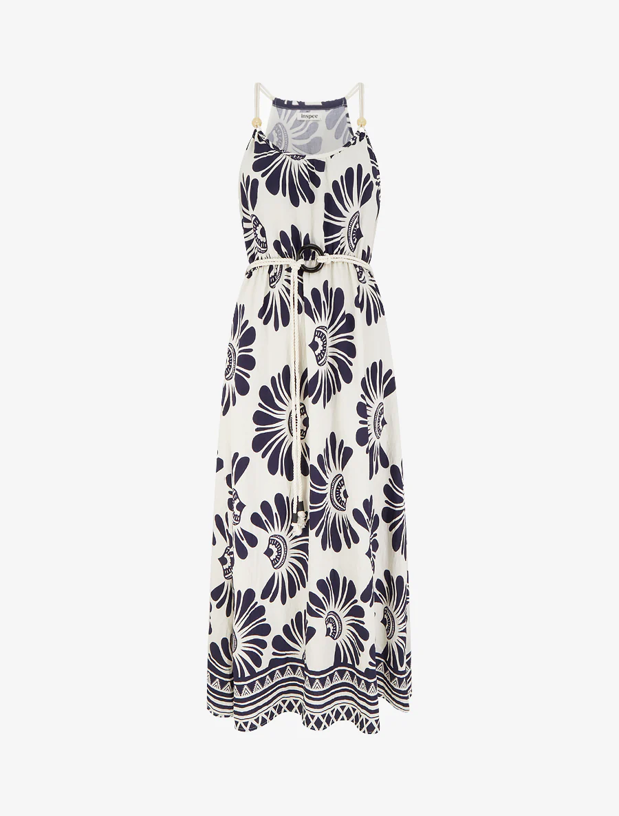 Robe imprimé fantaisie à bretelles en cordelettes - Marine