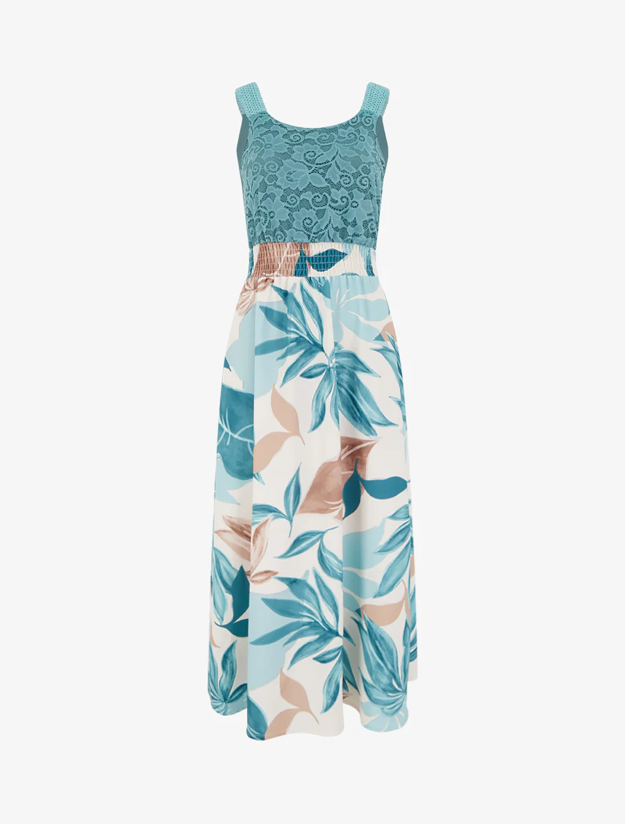 Robe imprimé fantaisie à bretelles en crochet - Turquoise