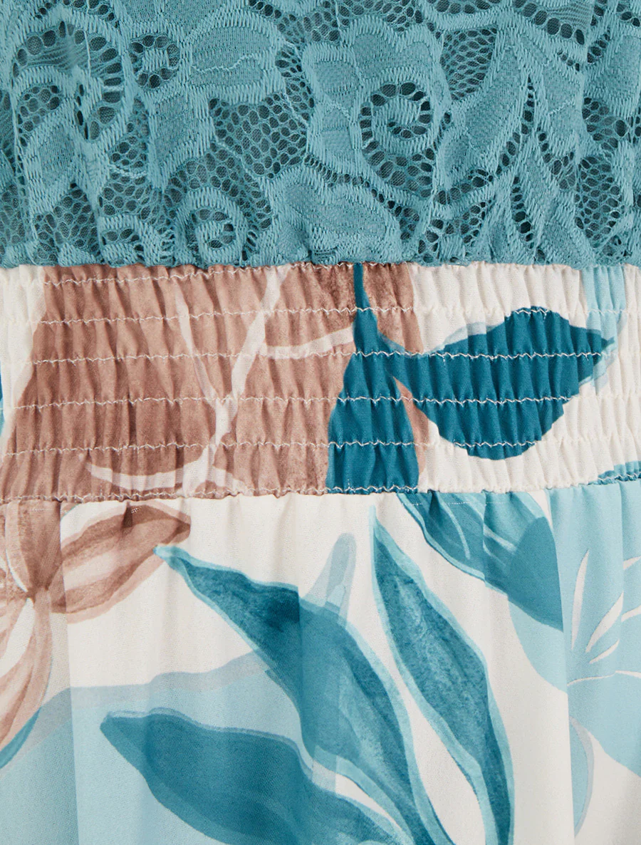 Robe imprimé fantaisie à bretelles en crochet - Turquoise - Image 3