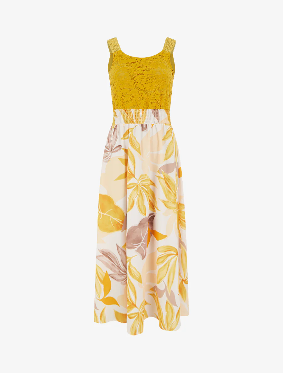Robe imprimé fantaisie à bretelles en crochet - Jaune moutarde