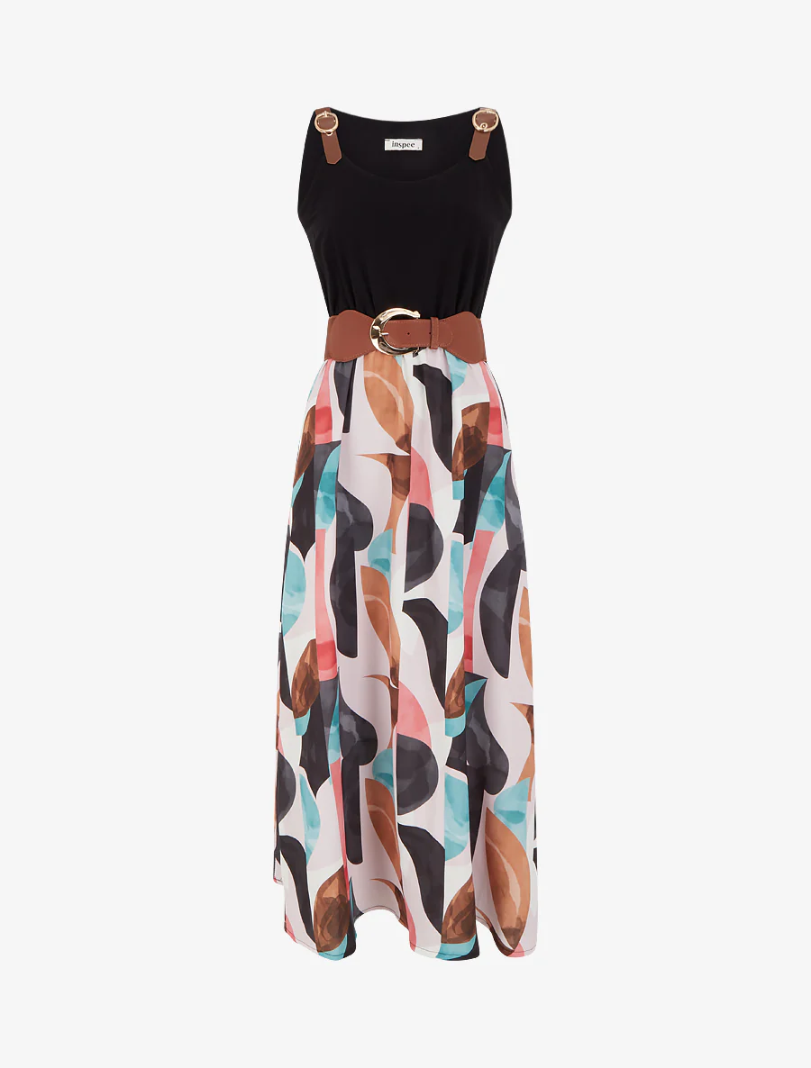 Robe imprimé fantaisie à bretelles en simili - Noir