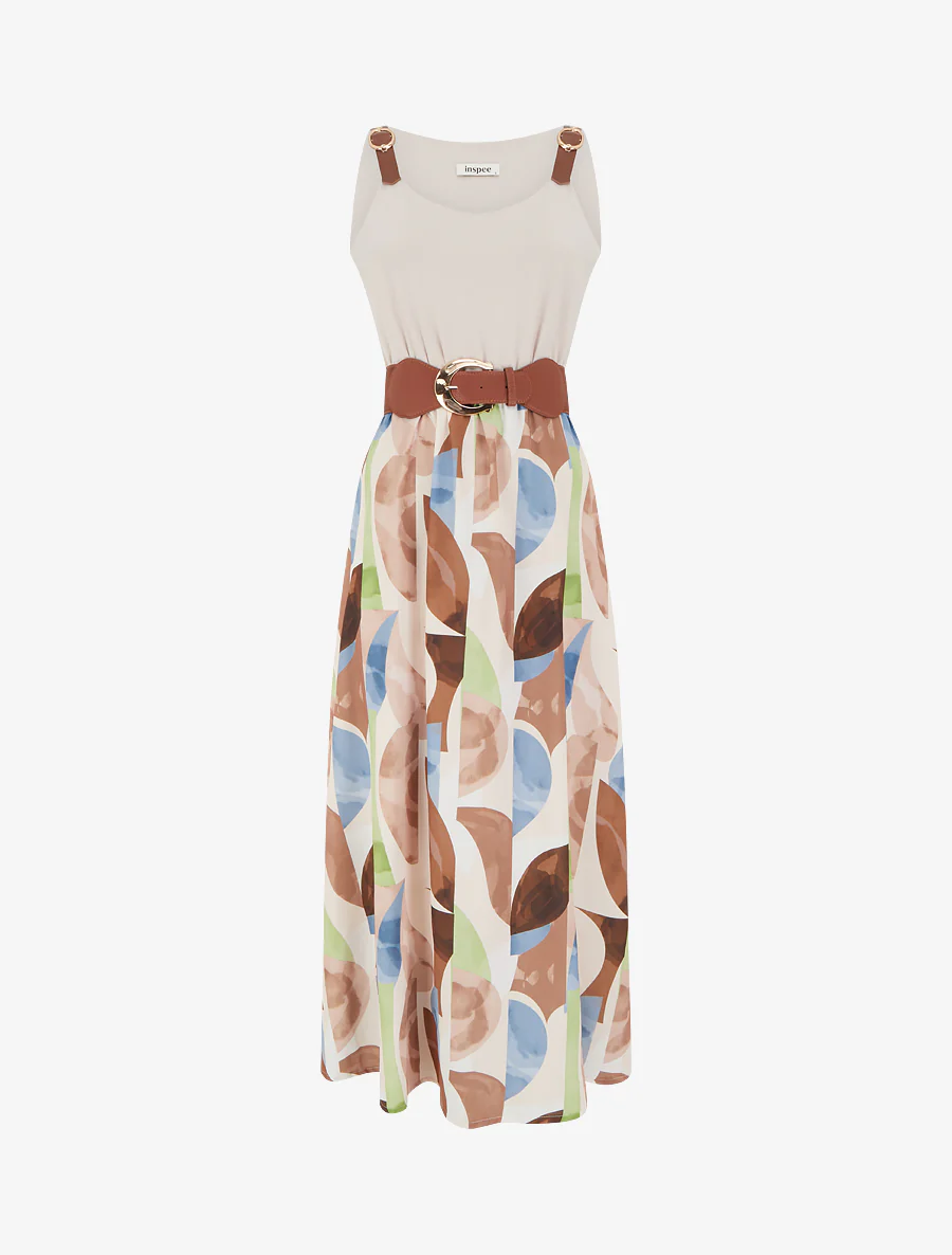 Robe imprimé fantaisie à bretelles en simili - Beige