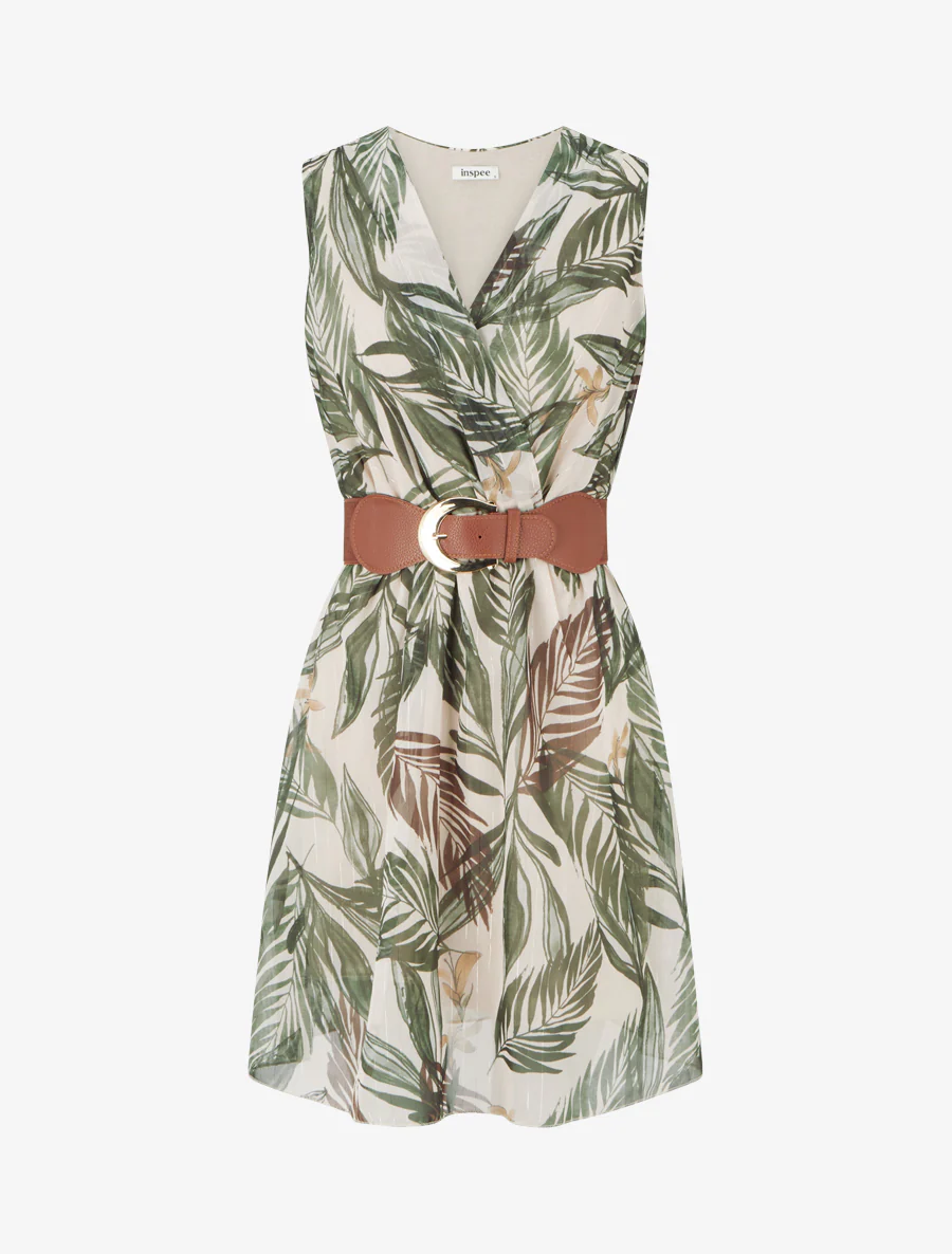 Robe imprimé feuillage à rayures irisés - Kaki