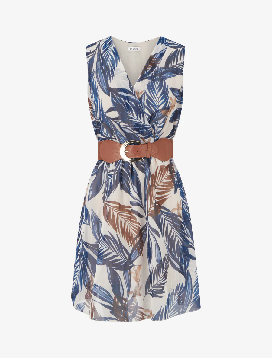 Robe imprimé feuillage à rayures irisés - Marine