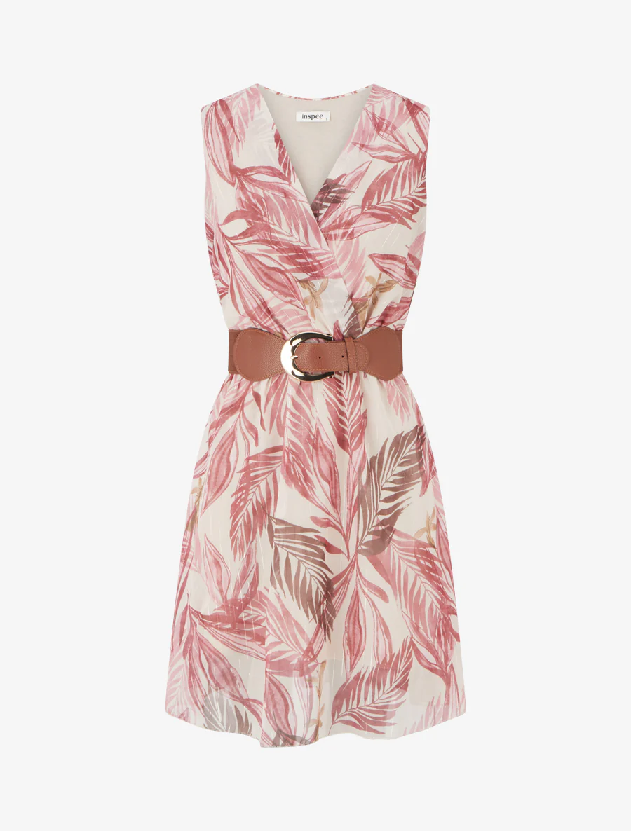 Robe imprimé feuillage à rayures irisés - Vieux rose