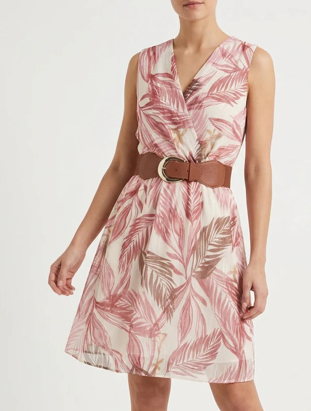 Robe imprimé feuillage à rayures irisés - Vieux rose - Image 4