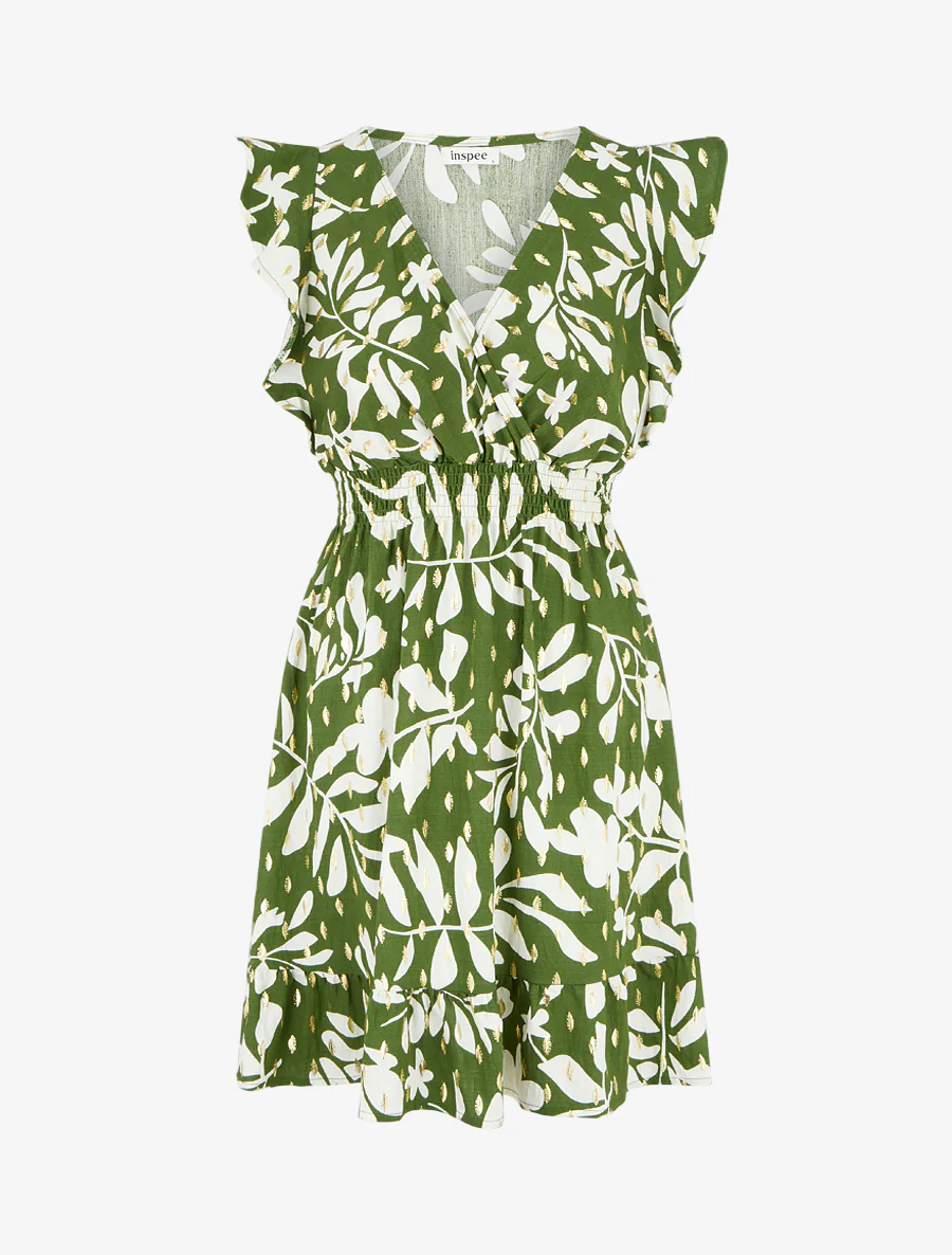 Robe imprimé feuillage à taille élastiquée - Kaki