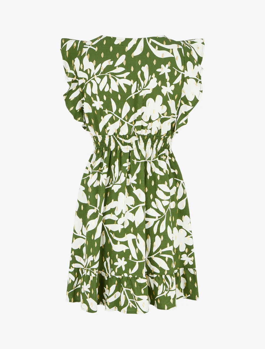 Robe imprimé feuillage à taille élastiquée - Kaki - Image 2