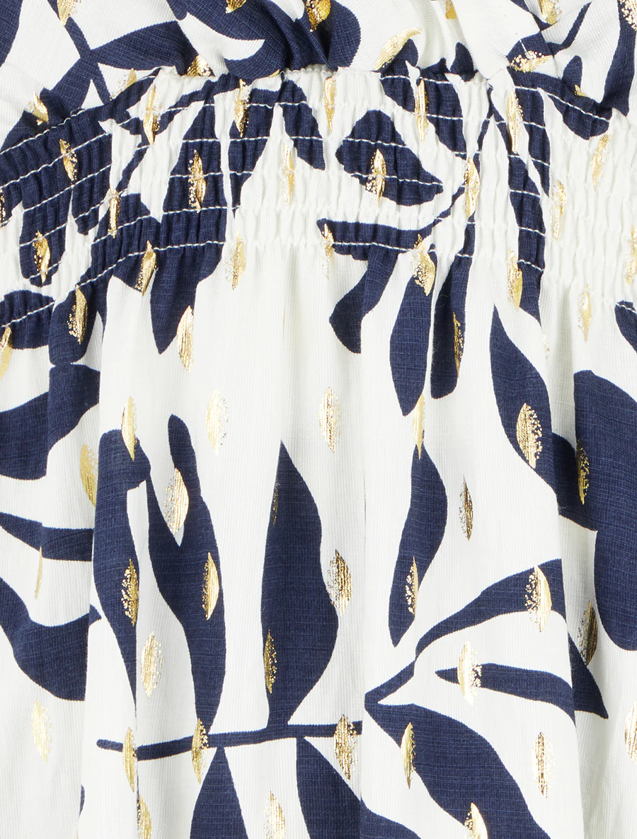 Robe imprimé feuillage à taille élastiquée - Marine - Image 3