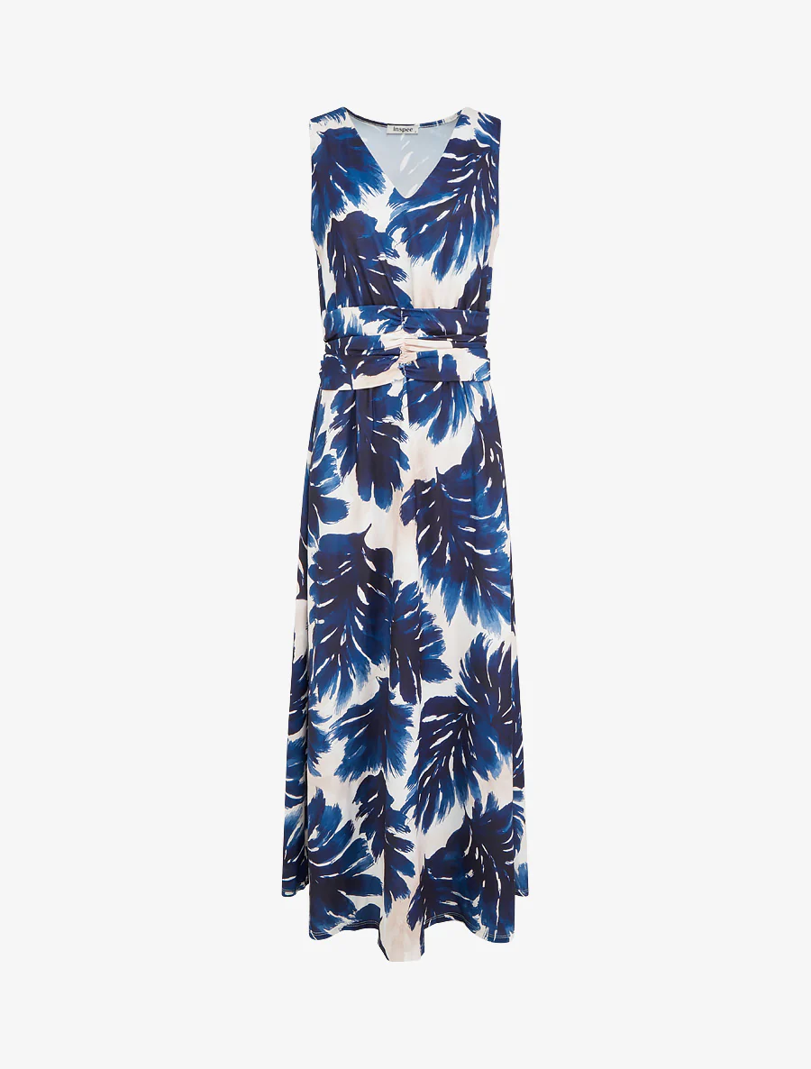Robe imprimé feuillage à taille élastiquée - Marine