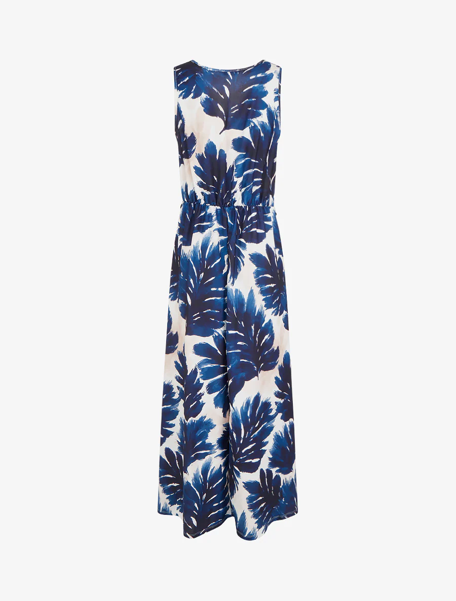 Robe imprimé feuillage à taille élastiquée - Marine - Image 2