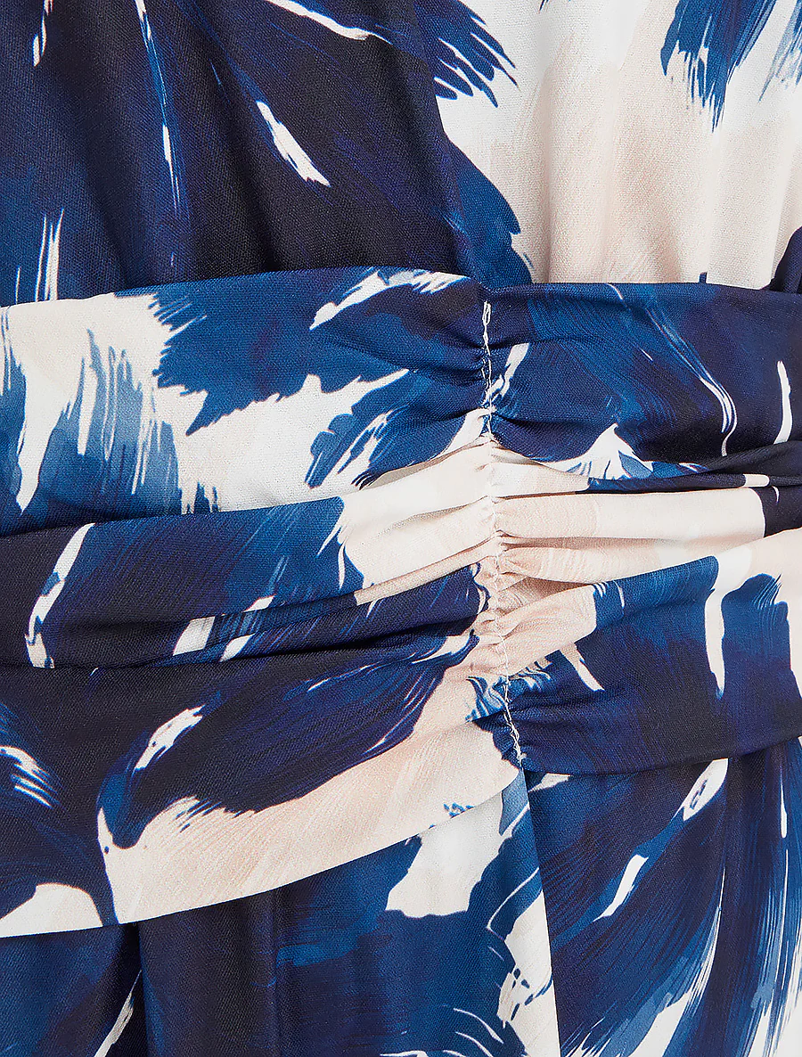 Robe imprimé feuillage à taille élastiquée - Marine - Image 3