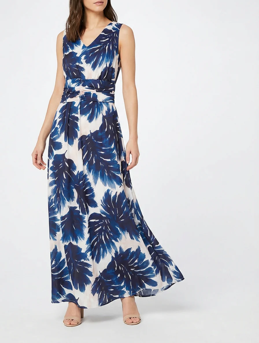 Robe imprimé feuillage à taille élastiquée - Marine - Image 4