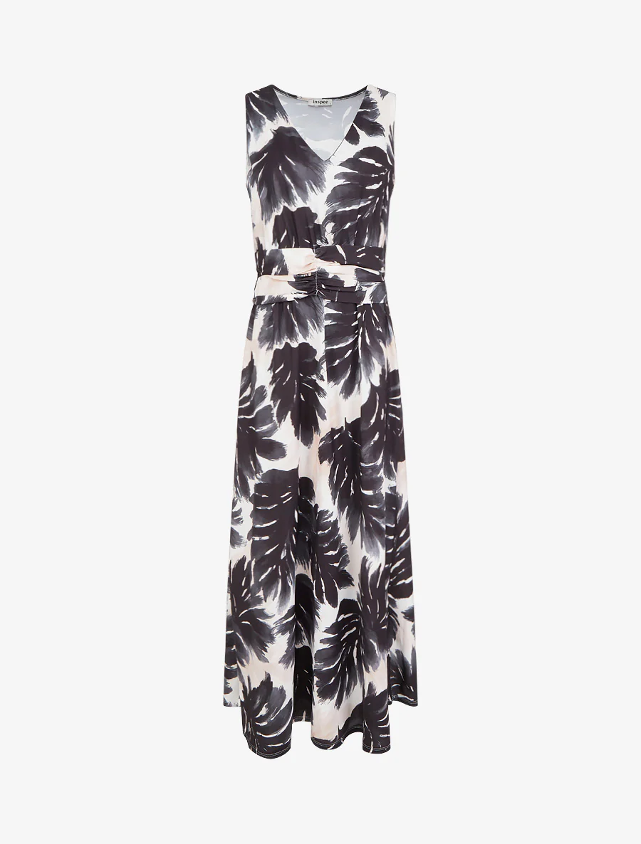 Robe imprimé feuillage à taille élastiquée - Noir