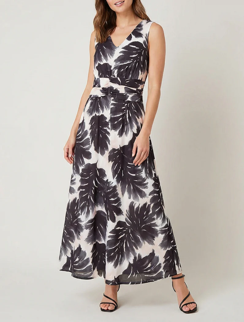 Robe imprimé feuillage à taille élastiquée - Noir - Image 4
