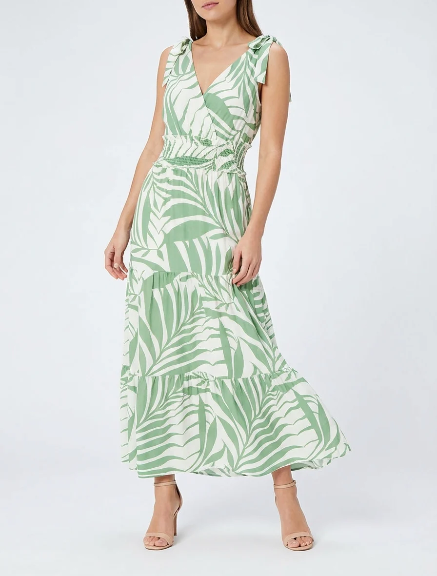 Robe imprimé feuillages à bretelles à noeud - Vert - Image 4