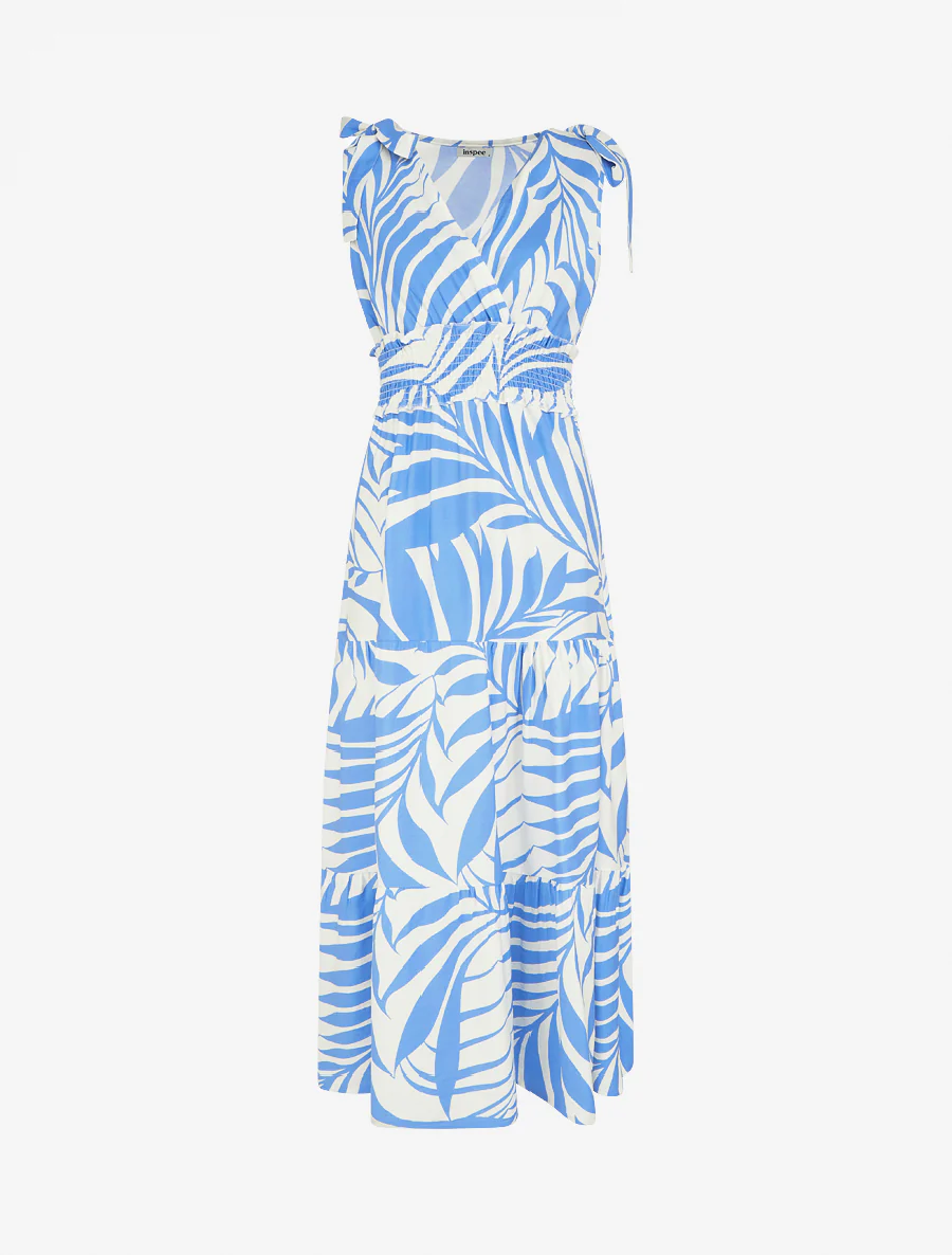 Robe imprimé feuillages à bretelles à noeud - Bleu ciel