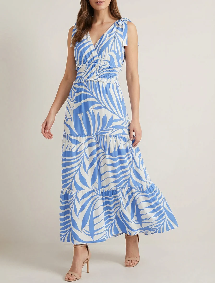 Robe imprimé feuillages à bretelles à noeud - Bleu ciel - Image 4