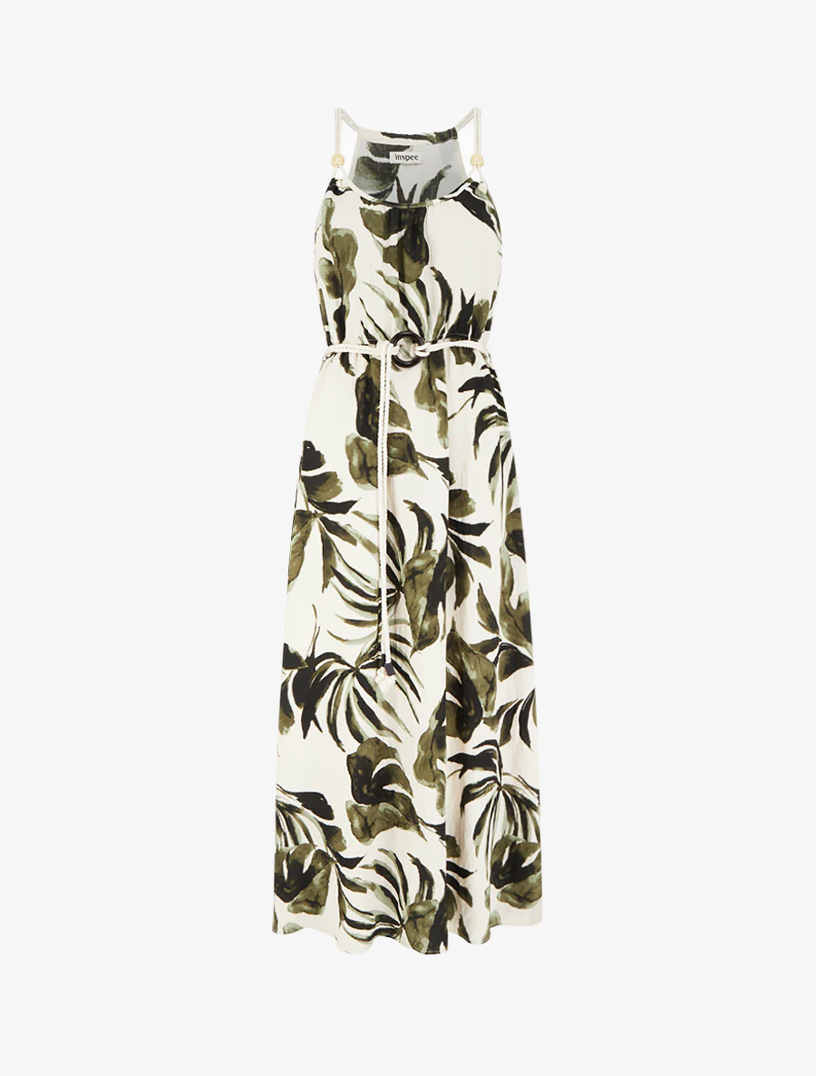 Robe imprimé feuilles à bretelles en cordelettes - Kaki
