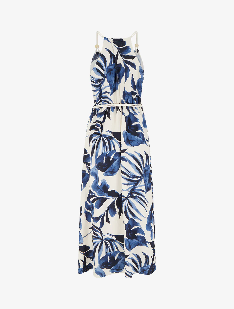 Robe imprimé feuilles à bretelles en cordelettes - Marine - Image 3