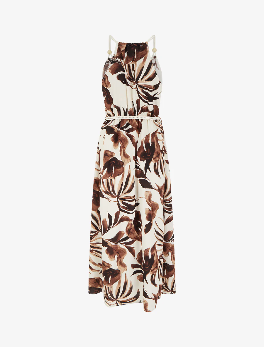 Robe imprimé feuilles à bretelles en cordelettes - Marron - Image 2