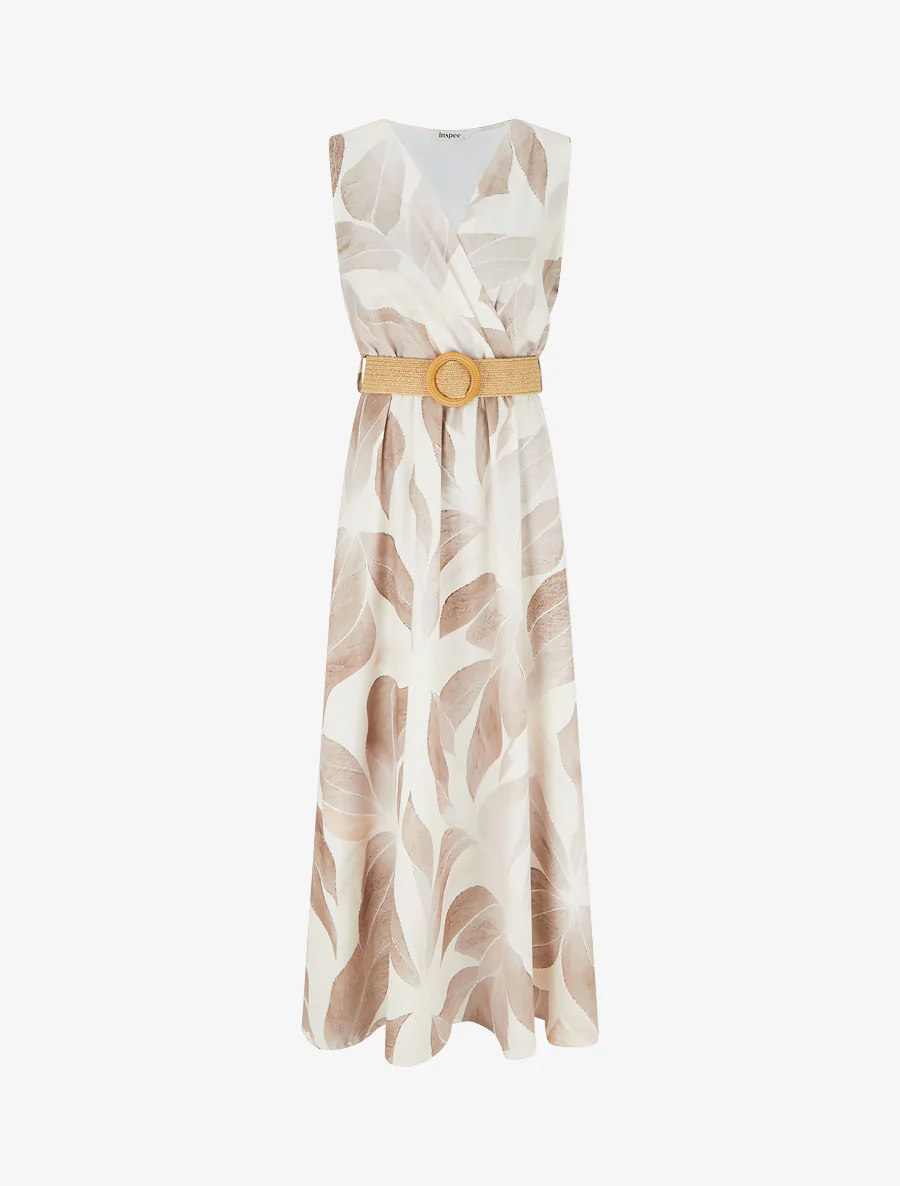 Robe imprimé feuilles à col cache-coeur - Beige
