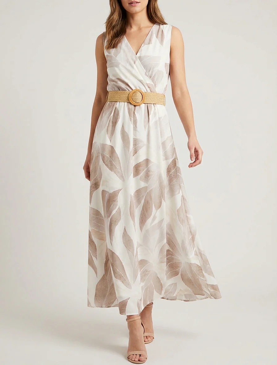 Robe imprimé feuilles à col cache-coeur - Beige - Image 4
