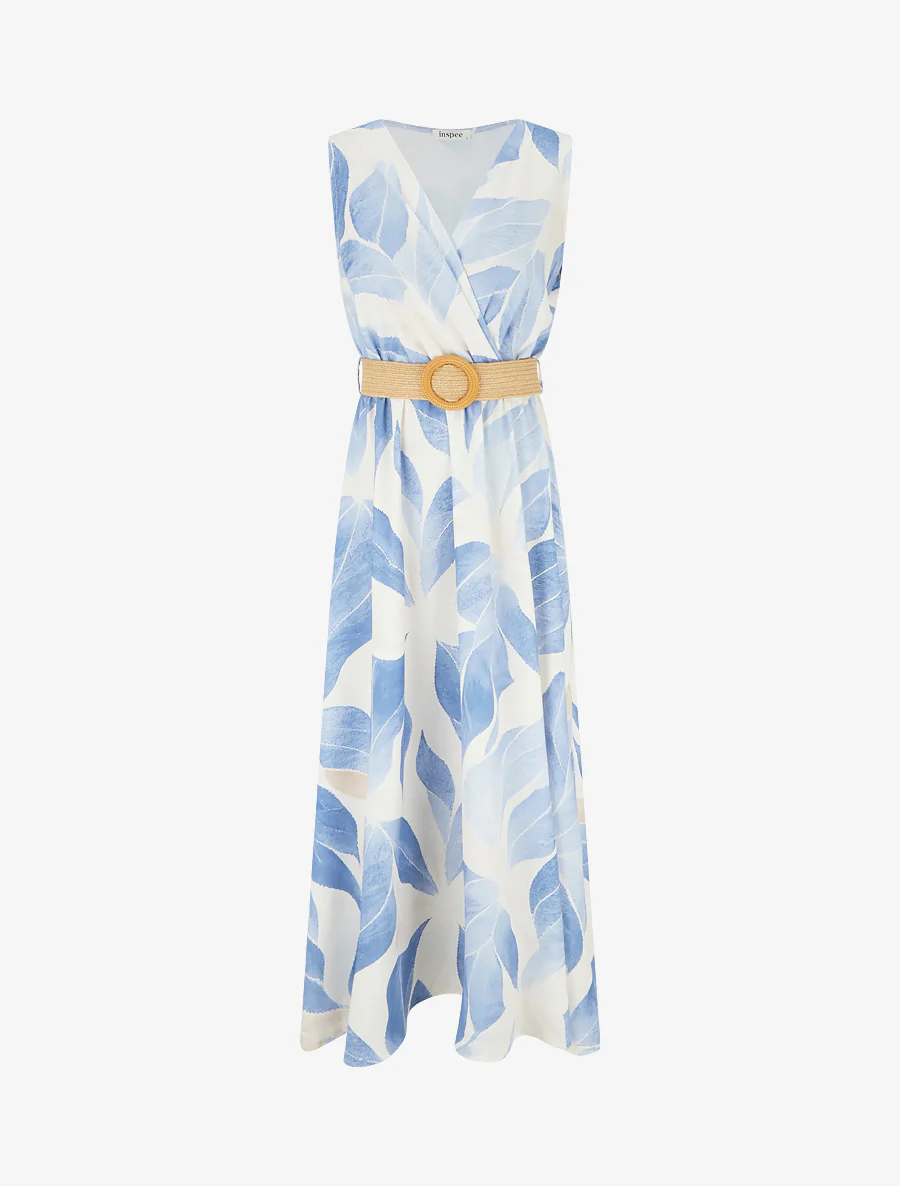 Robe imprimé feuilles à col cache-coeur - Bleu ciel