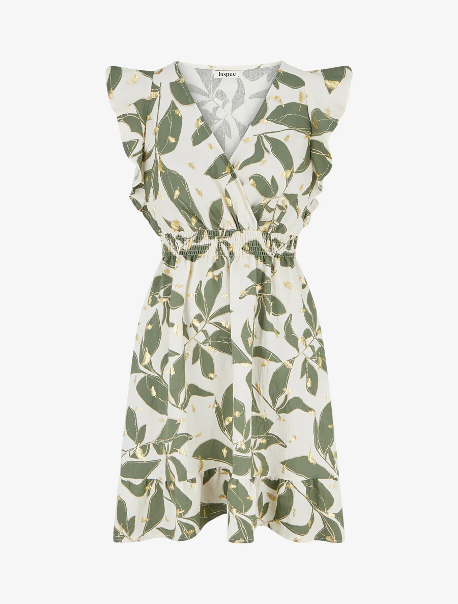 Robe imprimé feuilles à taille élastiquée - Kaki
