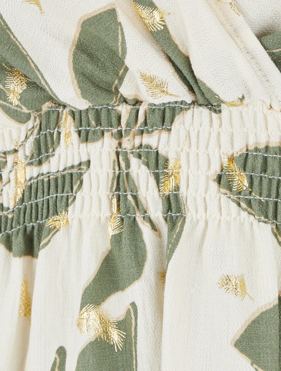 Robe imprimé feuilles à taille élastiquée - Kaki - Image 3