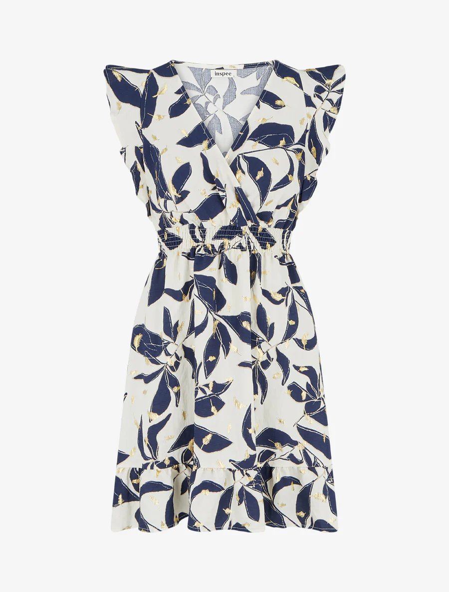 Robe imprimé feuilles à taille élastiquée - Marine