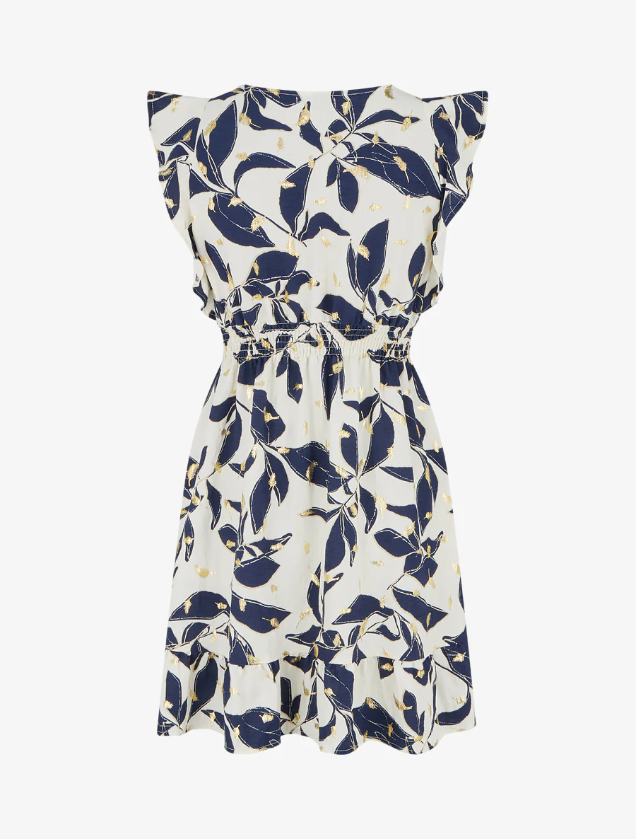 Robe imprimé feuilles à taille élastiquée - Marine - Image 2
