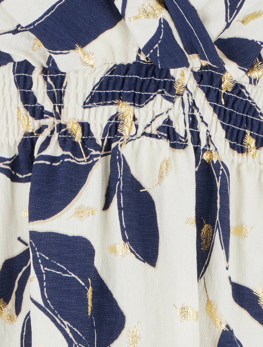 Robe imprimé feuilles à taille élastiquée - Marine - Image 3