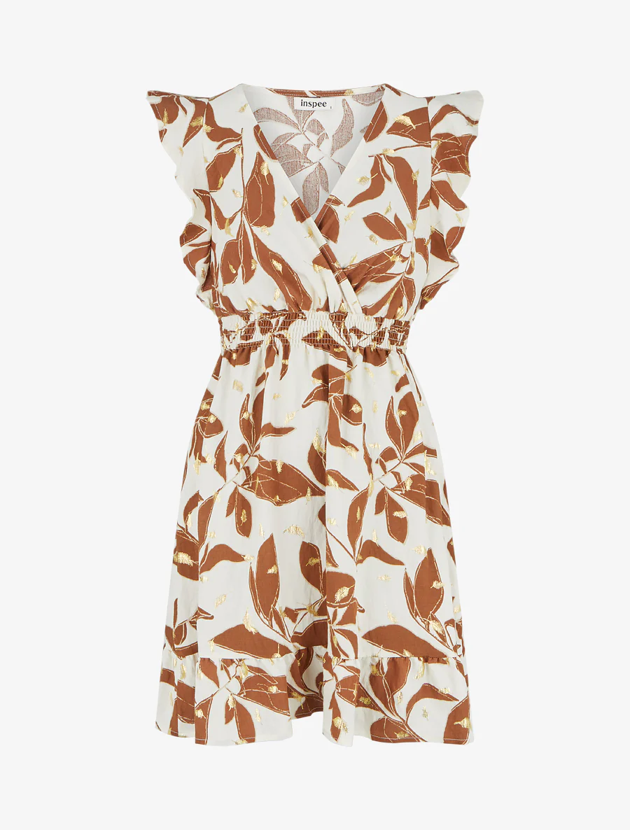 Robe imprimé feuilles à taille élastiquée - Marron
