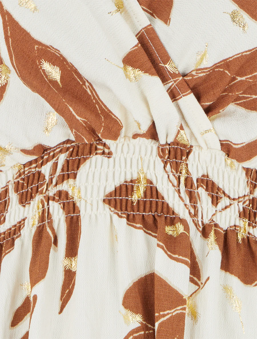 Robe imprimé feuilles à taille élastiquée - Marron - Image 3
