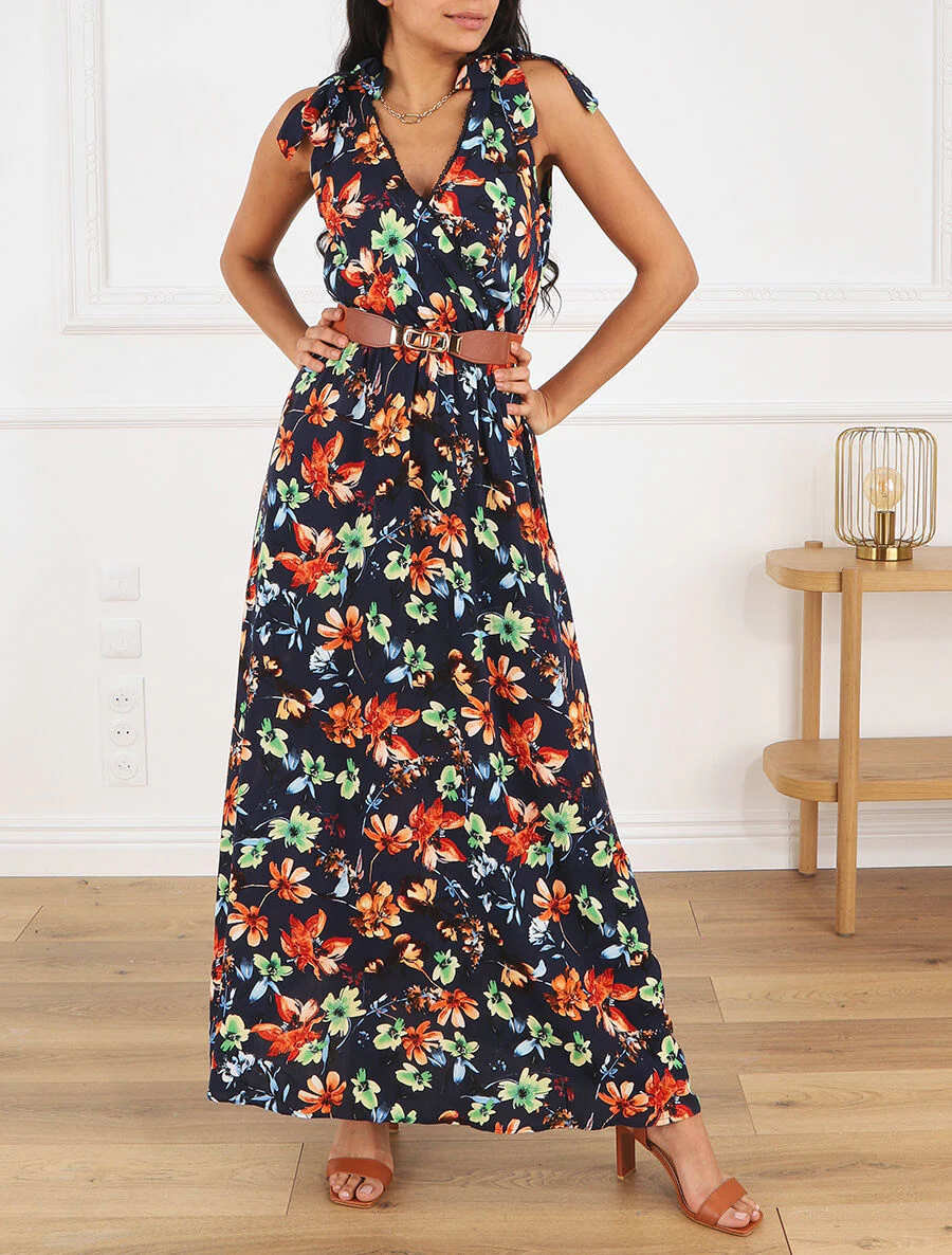 Robe imprimé fleuri à col en V - Marine - Image 4