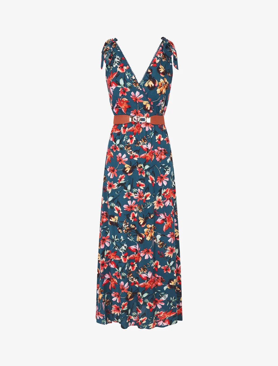 Robe imprimé fleuri à col en V - Bleu canard