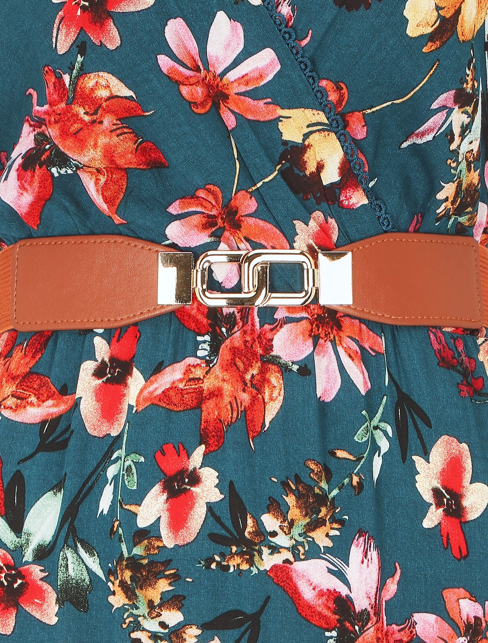 Robe imprimé fleuri à col en V - Bleu canard - Image 3
