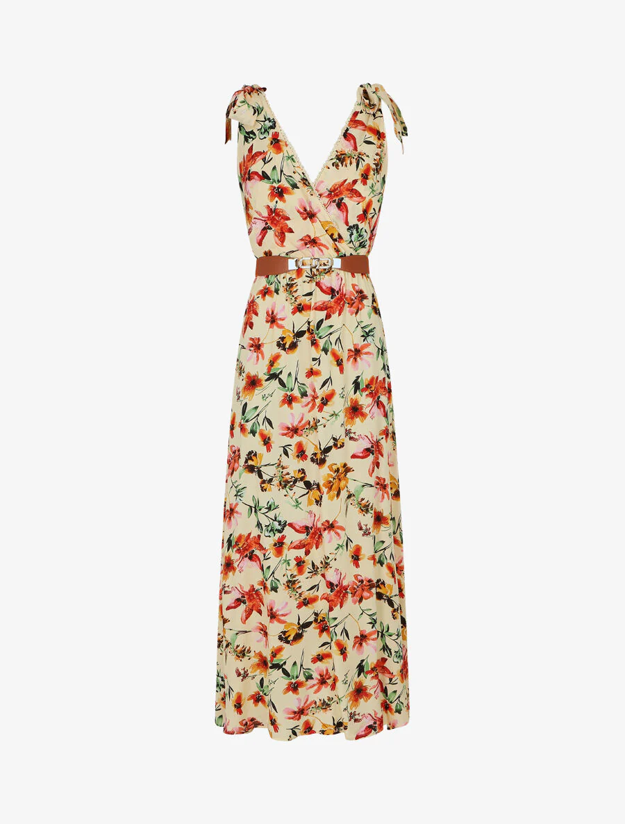 Robe imprimé fleuri à col en V - Beige
